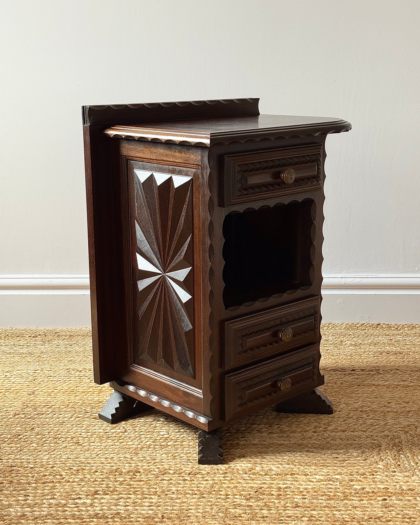 Pair of Folk Carved Oak Bedside Tables, French c.1940