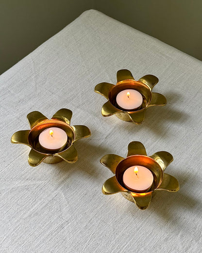 Set of 3 Swedish Mid-century Brass Flower Tealight Holders