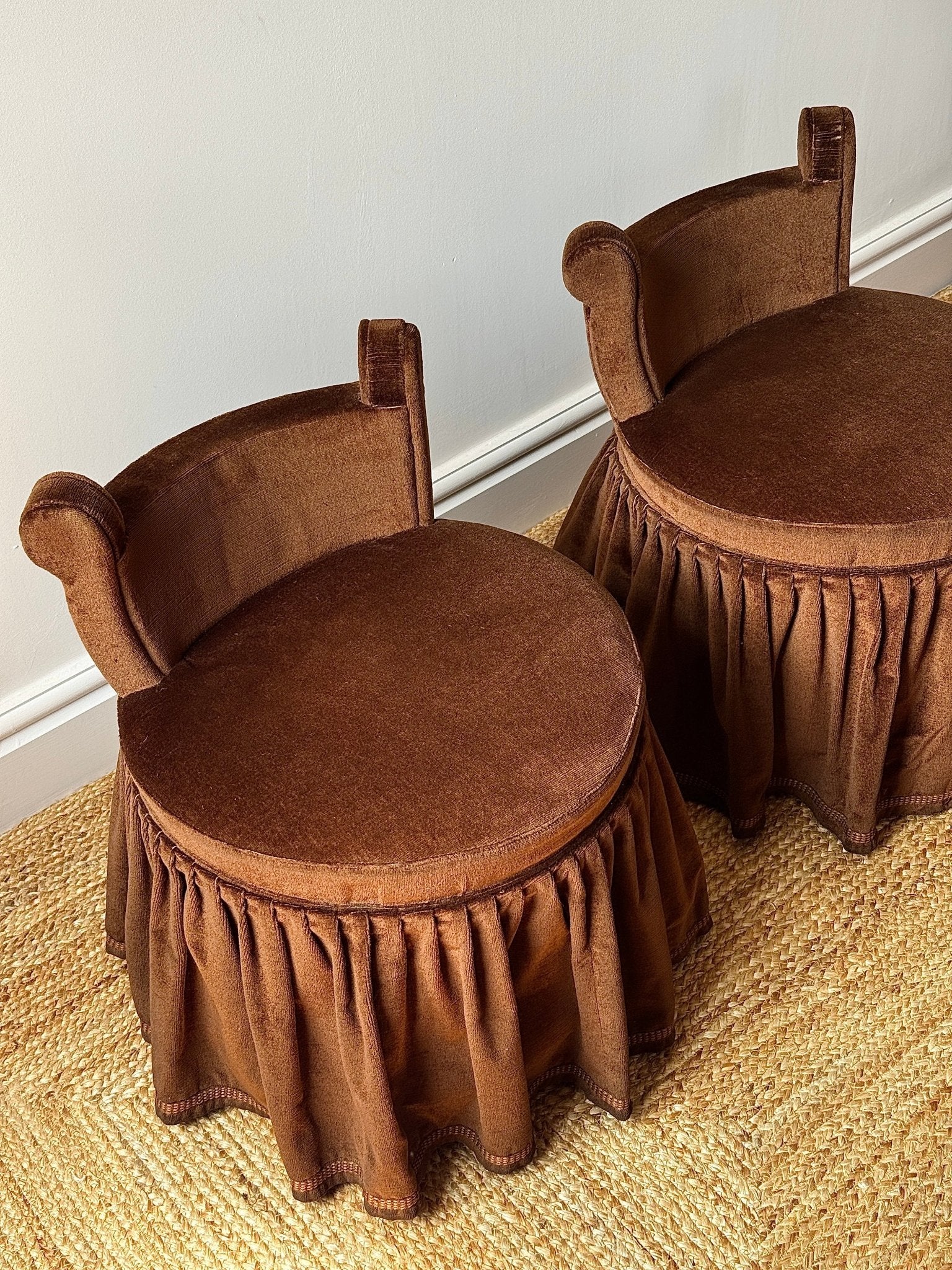 Pair of Brown Velvet French Slipper Chairs - Club Sourced