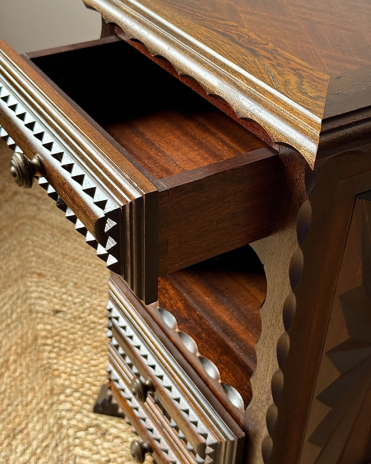 Pair of Folk Carved Oak Bedside Tables, French c.1940
