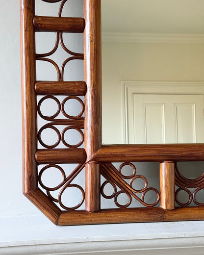 Large French Mid-Century Rattan Double Frame Mirror