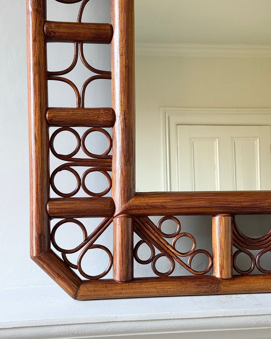 Large French Mid-Century Rattan Double Frame Mirror