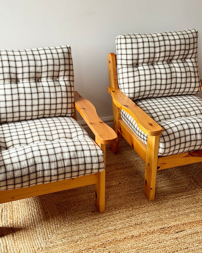 Scandinavian Pine Armchairs with Check Upholstery 1970s