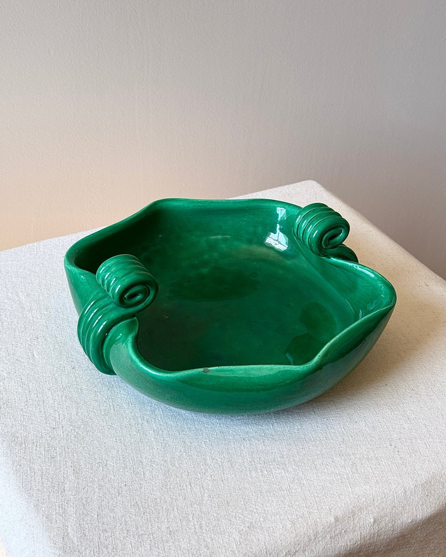 French Art Deco Ceramic Green Bowl with Scrolled Handles - Club Sourced