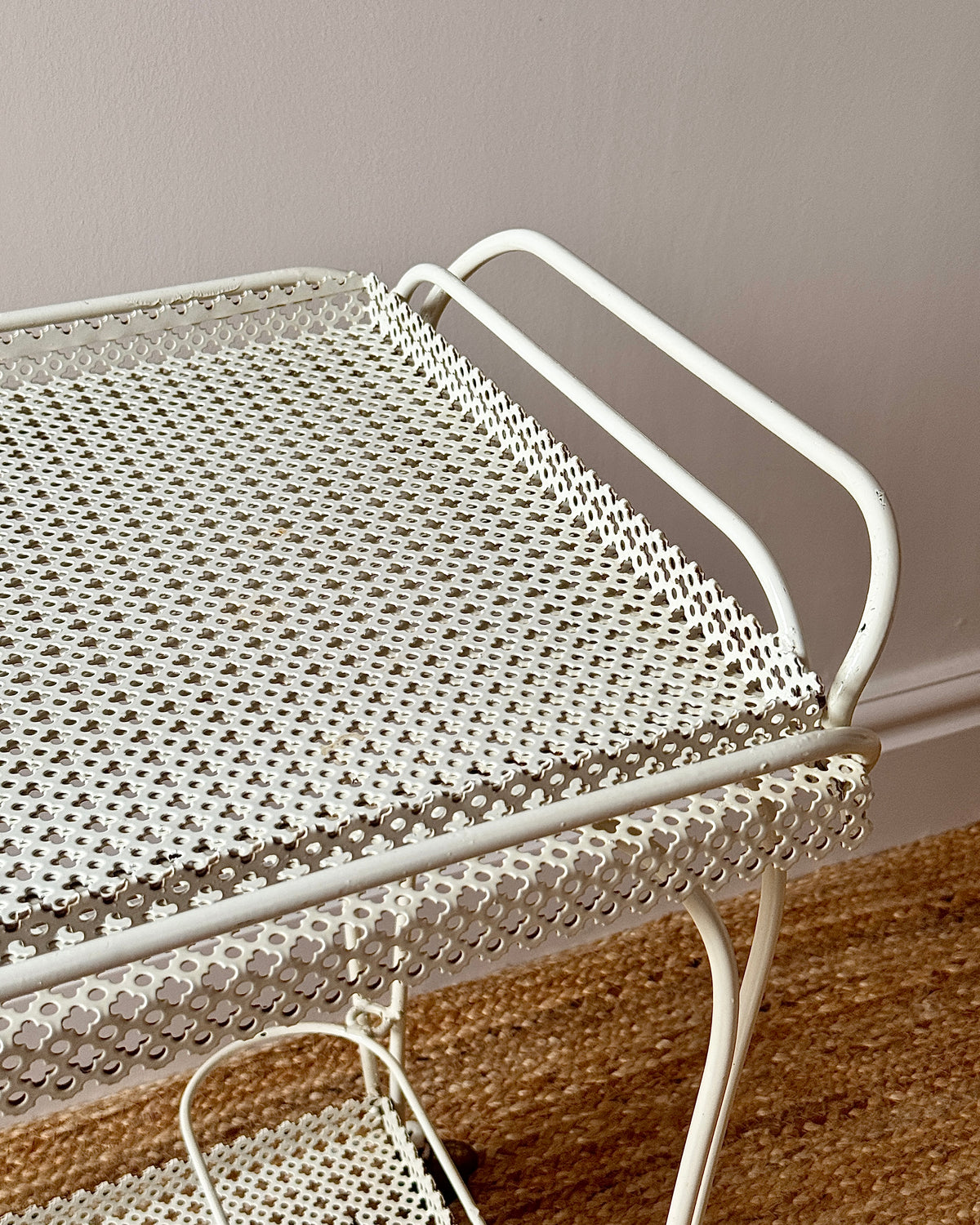White Perforated Metal Bar Cart, In the Style of Mathieu Matégot