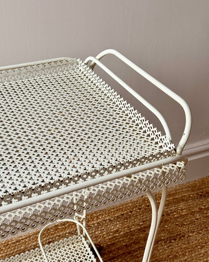 White Perforated Metal Bar Cart, In the Style of Mathieu Matégot