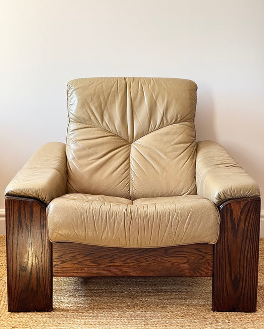 Pair of German Leather Armchairs with Dark Wood Slab Frame
