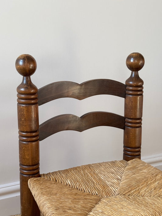 1940s French Oak & Rush Low Armchair, in the manner of Charles Dudouyt
