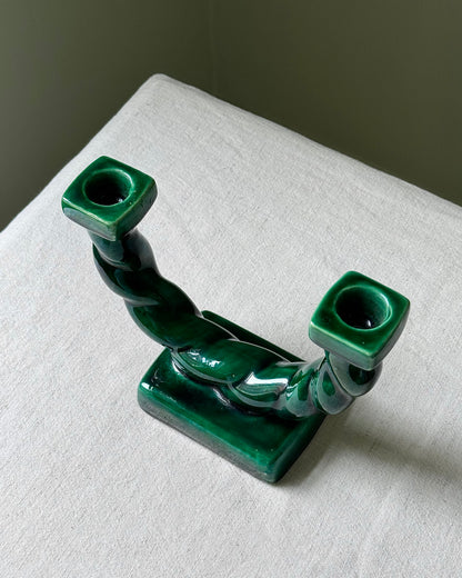 French Vintage Green Glaze Rope Candelabras, Longchamp