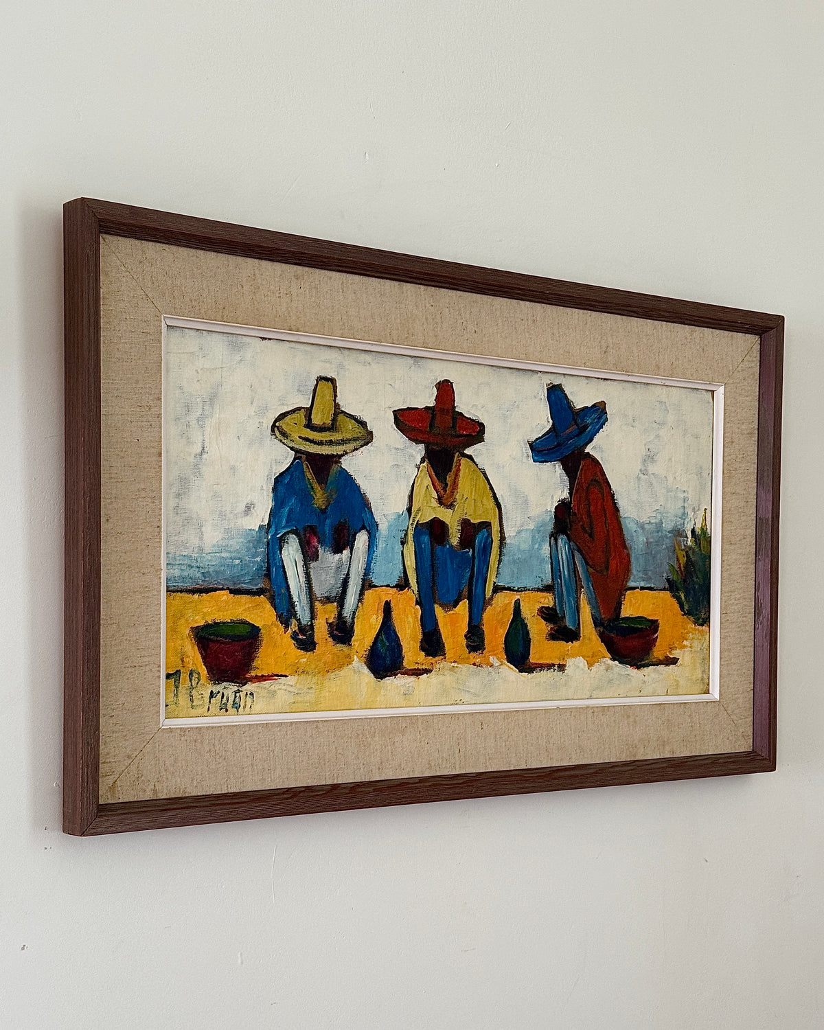 Three Men in Sombreros Oil on Panel