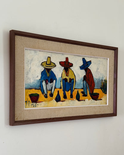 Three Men in Sombreros Oil on Panel