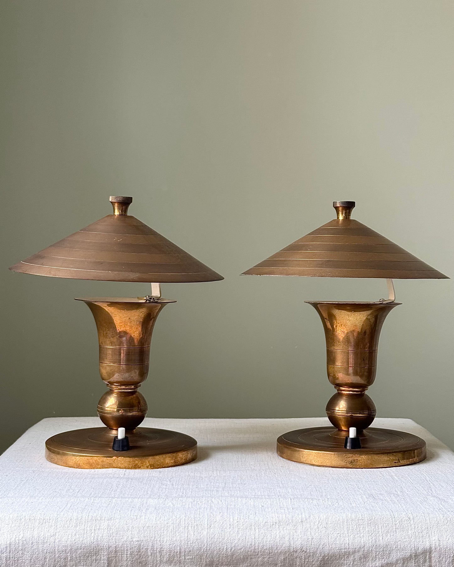 Pair of Brass Art Deco Belgian Table Lamps, signed Gersyl