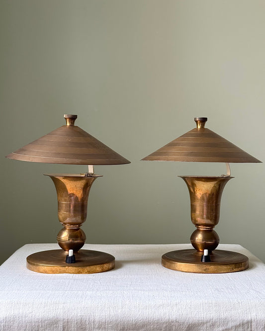 Pair of Brass Art Deco Belgian Table Lamps, signed Gersyl