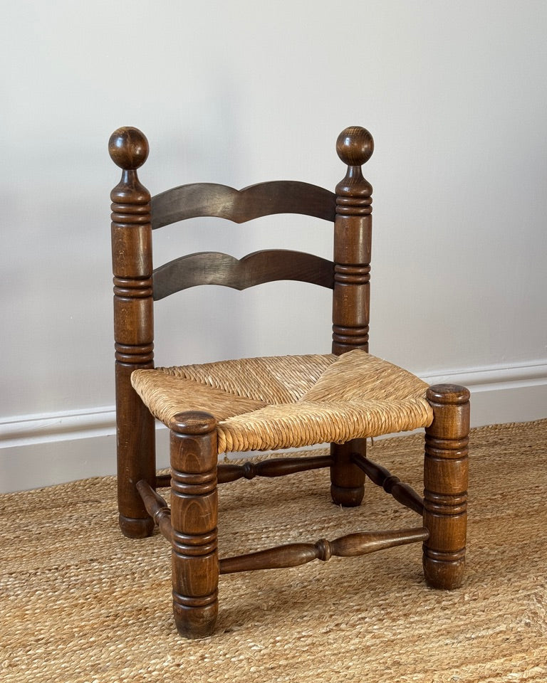1940s Oak & Rush Low Armchair, in the manner of Charles Dudouyt