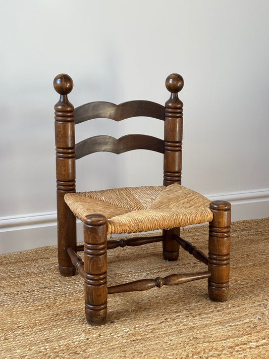 1940s French Oak & Rush Low Armchair, in the manner of Charles Dudouyt