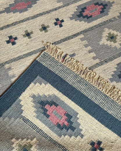 Blue Swedish Wool Röllakan Flatweave with Lozenge Motifs - Club Sourced