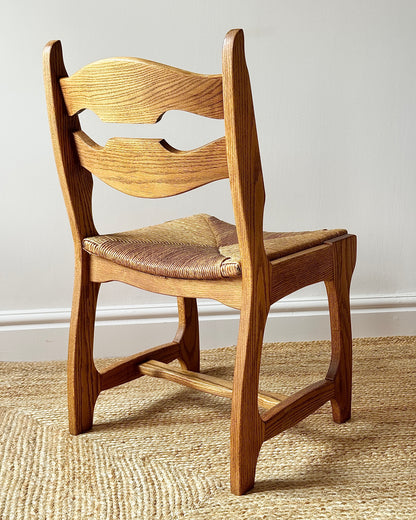 Set of Four Razor Back Oak & Rush Dining Chairs by Guillerme et Chambron