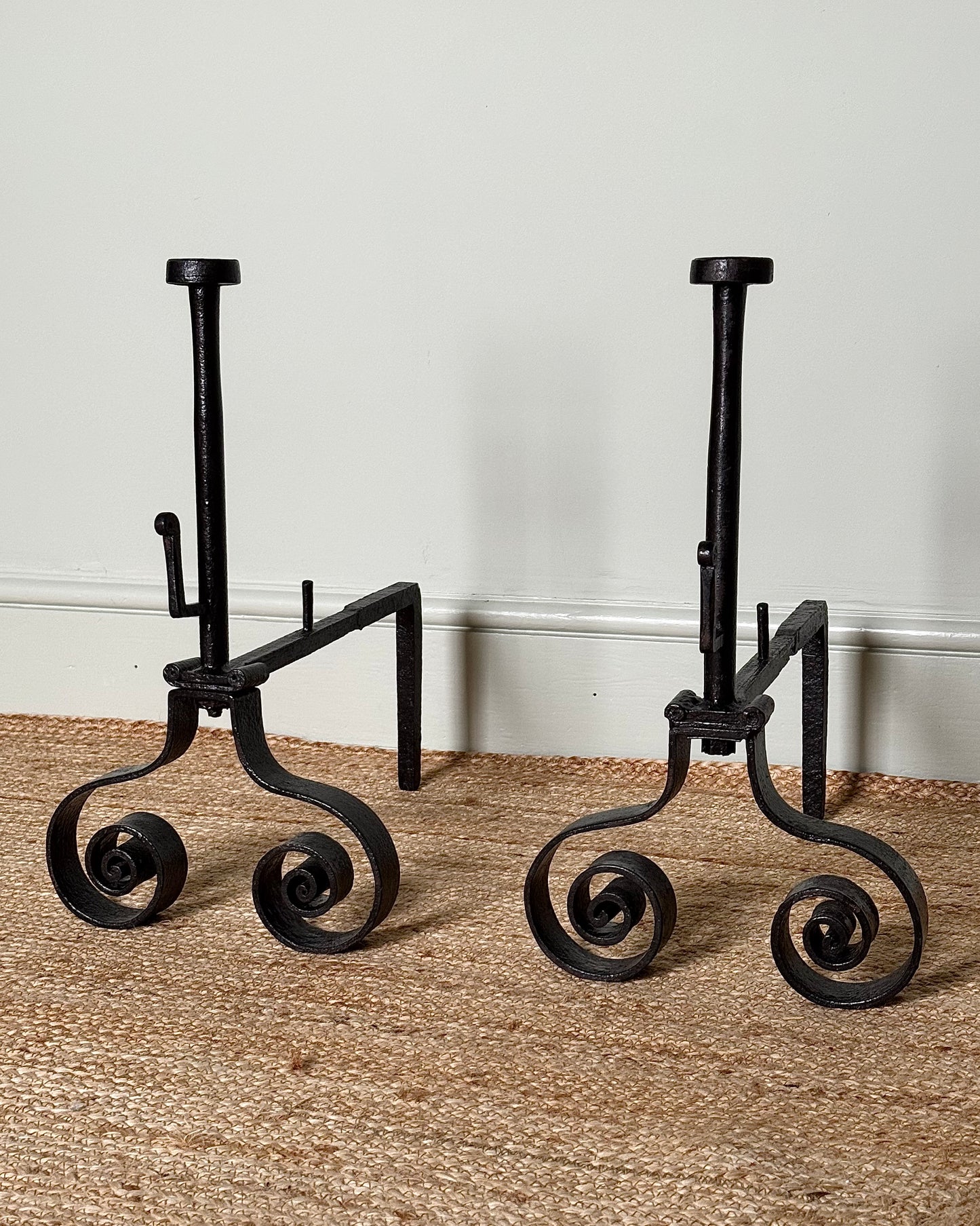 Pair of French Mid-century Wrought Iron Scroll Fire Dogs/Andirons