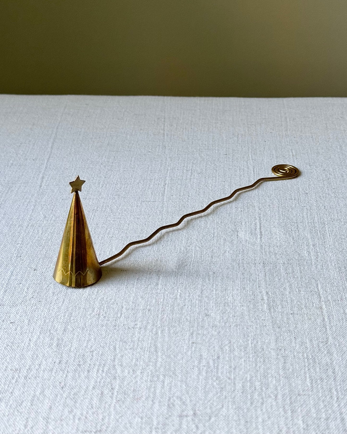 Swedish Mid-Century Wiggle Brass Candle Snuffer with Star Finial