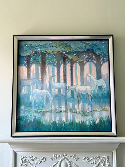 White Horses by a Lily Pad Lake Framed Oil on Board, Signed James Kessel 1974