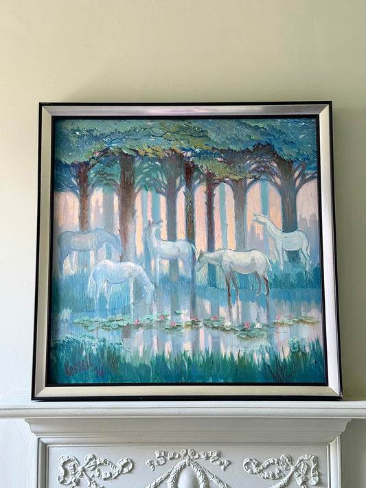 White Horses by a Lily Pad Lake Framed Oil on Board, Signed James Kessel 1974