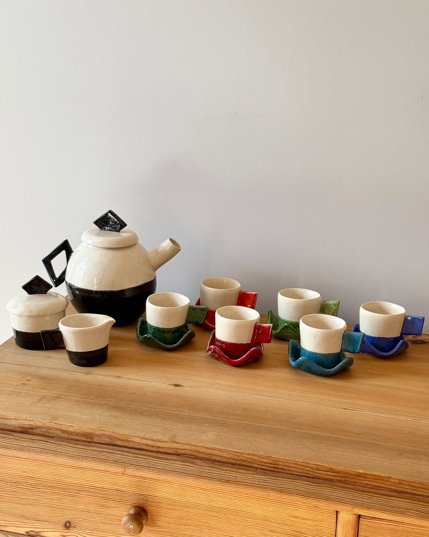French Studio Pottery Post-Modern Ceramic Teacup Set