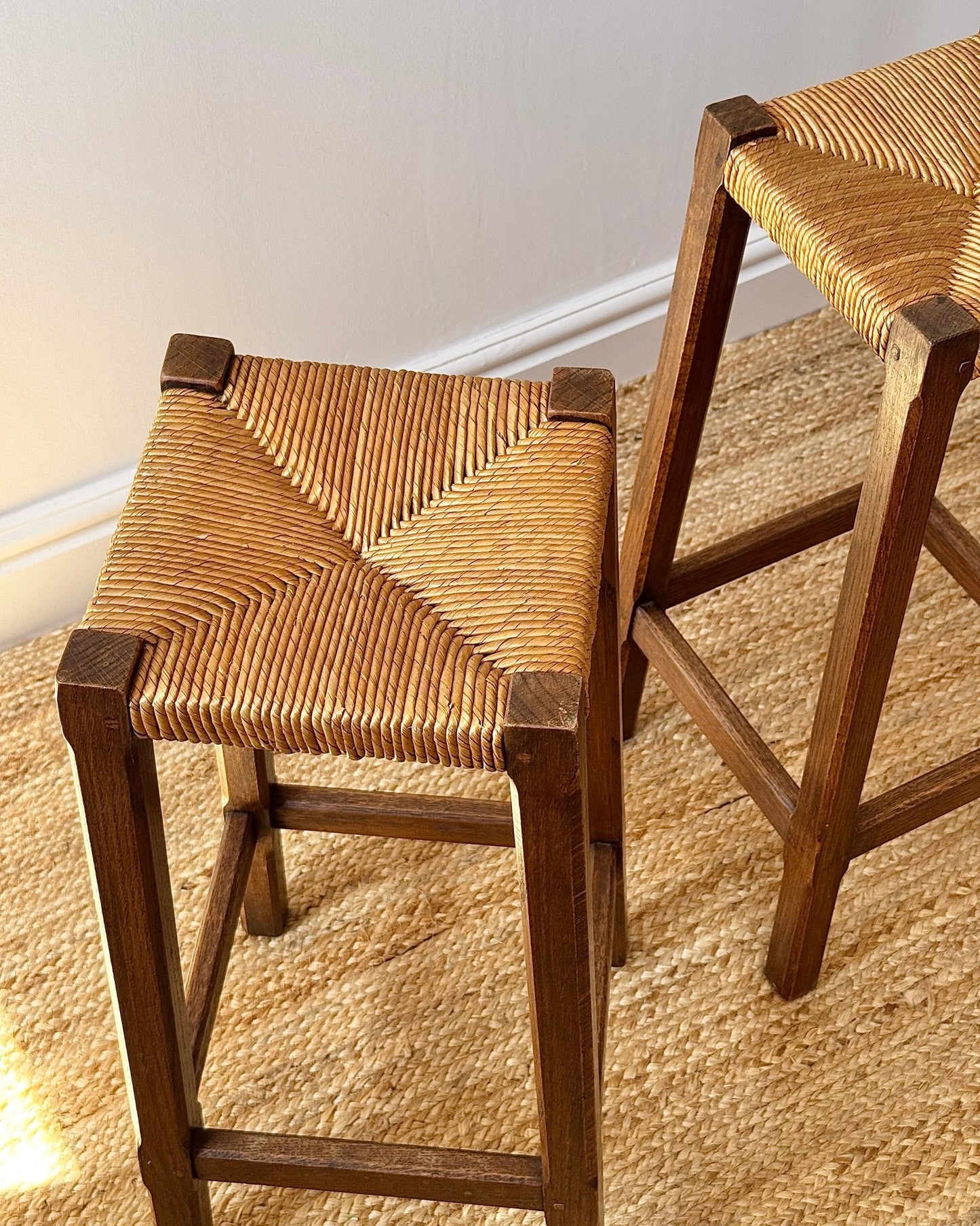 Pair of French Oak Rush Bar Stools - Club Sourced