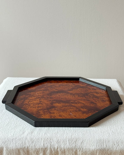 Art Deco Hexagonal Burlwood Tray with Black Frame