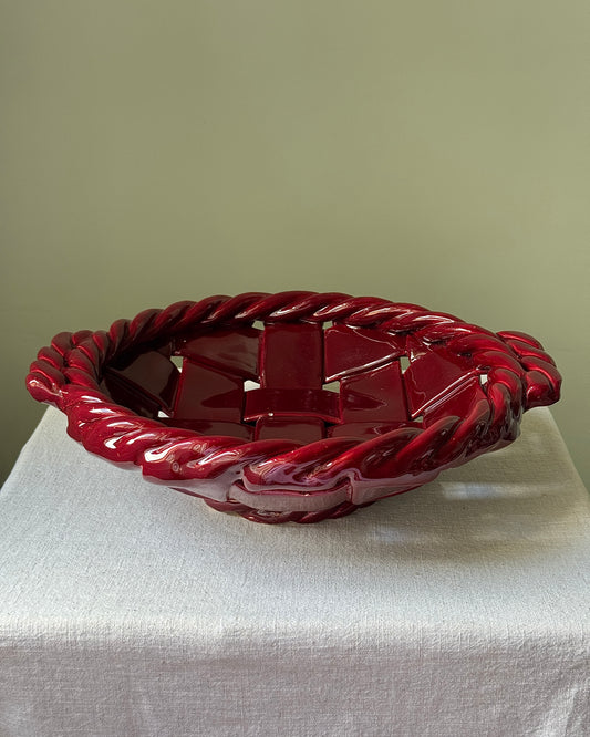 Large Glossy Red Ceramic Woven Basket Bowl