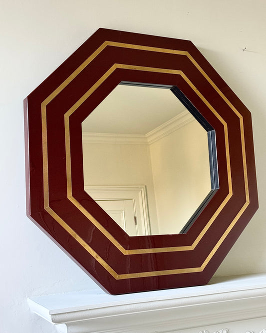 Burgundy Lacquer & Brass Inlay Octagonal Mirror attributed to Jean-Claude Mahey, French c. 1970