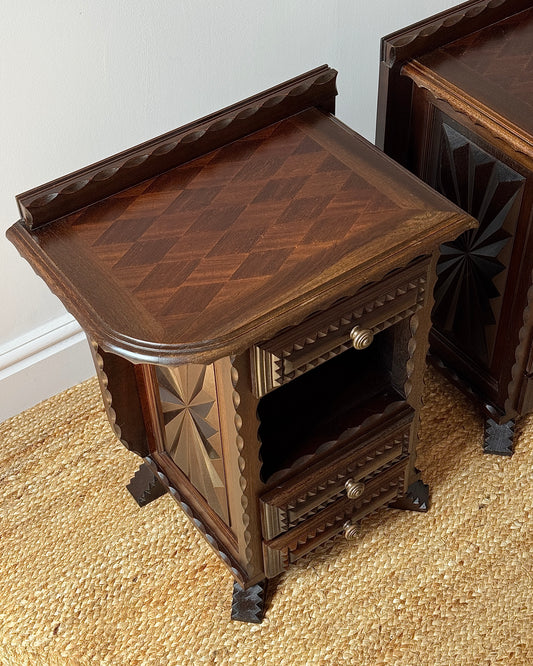 Pair of Folk Carved Oak Bedside Tables, French c.1940