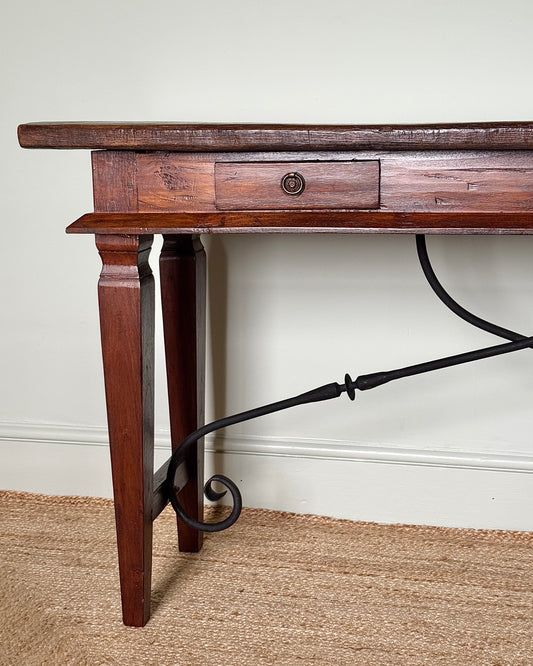 1940’s Spanish Console Table with Sculptural Iron Stretcher