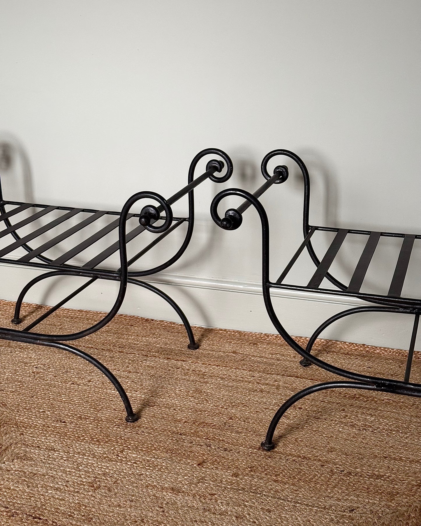 Pair of Wrought Iron Curule Stools with Scrolled Arms