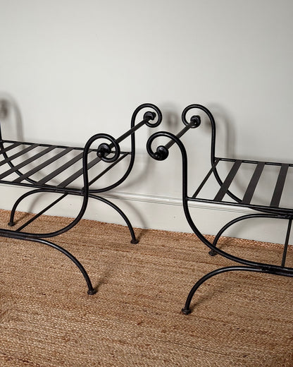 Pair of Wrought Iron Curule Stools with Scrolled Arms