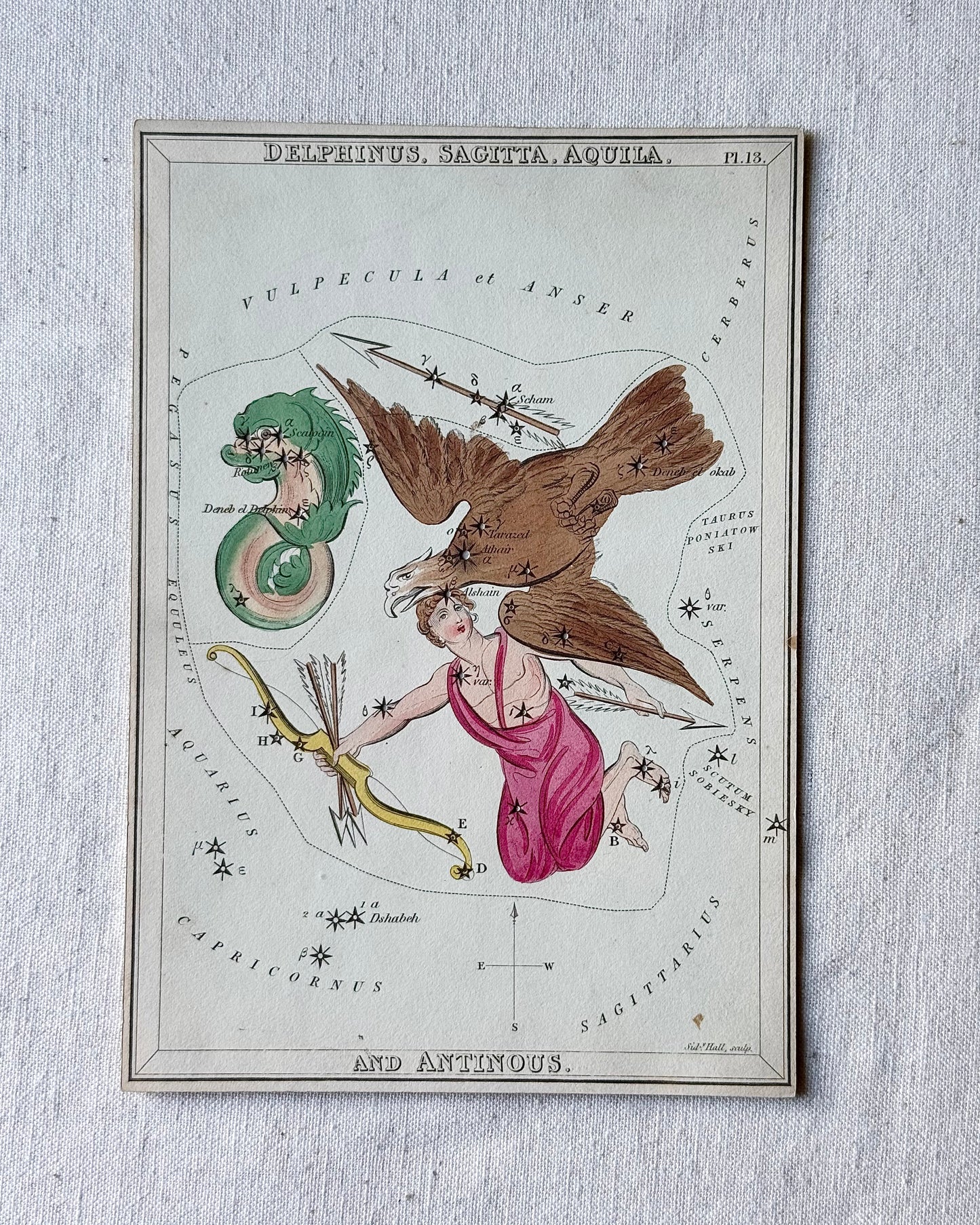 Antique Hand-Painted Constellation Print ‘Urania’s Mirror’ by Sidney Hall c. 1825