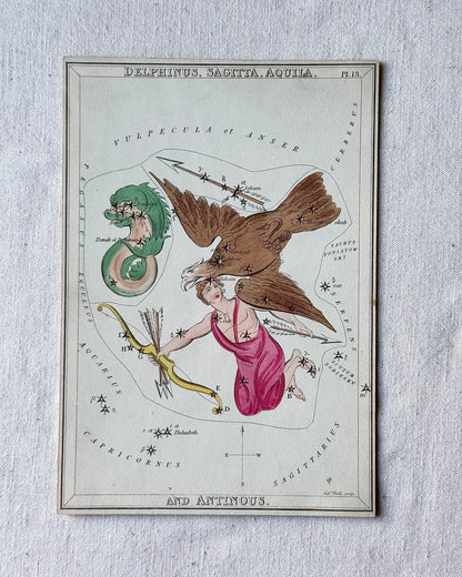Antique Hand-Painted Constellation Print ‘Urania’s Mirror’ by Sidney Hall c. 1825