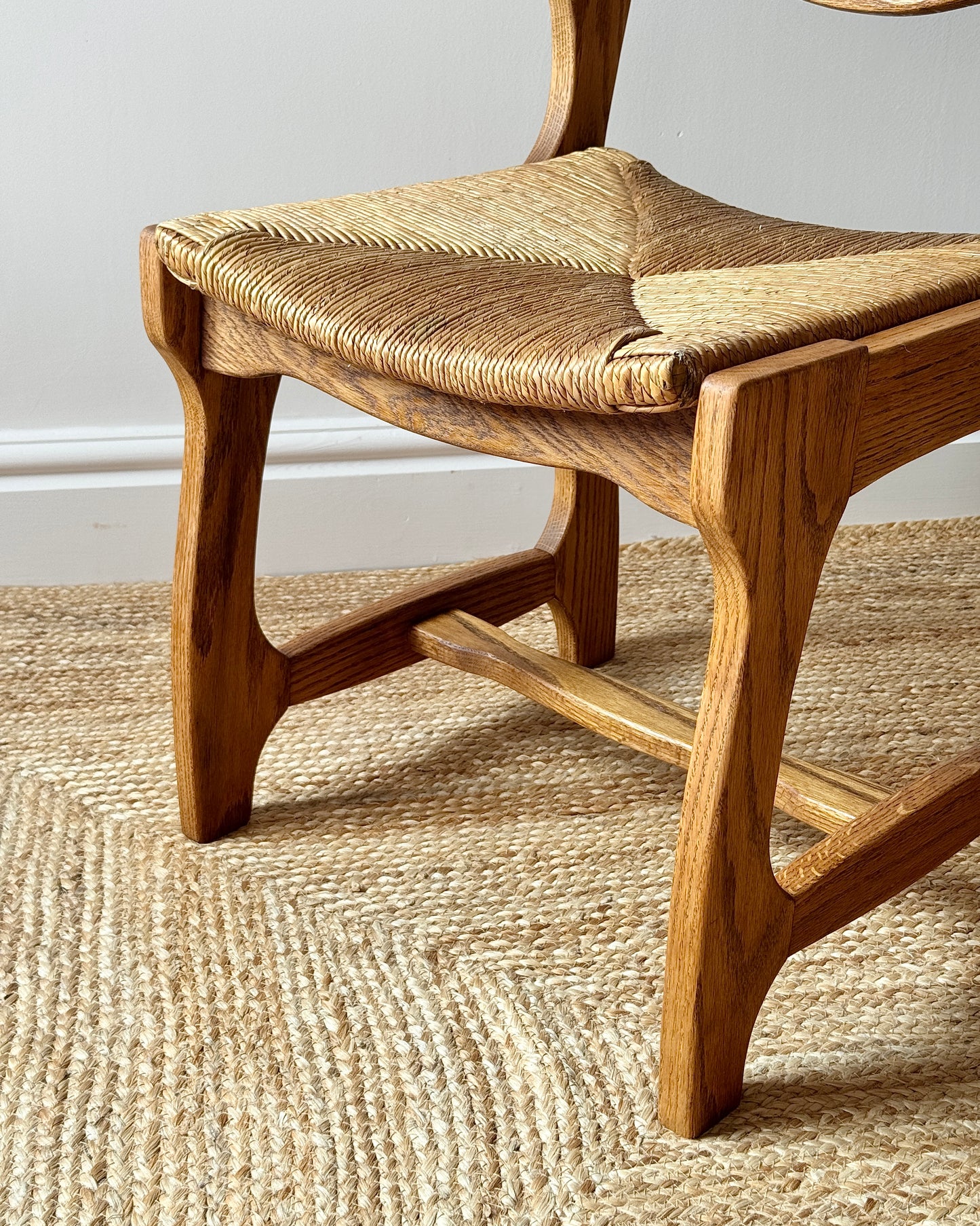 Set of Four Razor Back Oak & Rush Dining Chairs by Guillerme et Chambron
