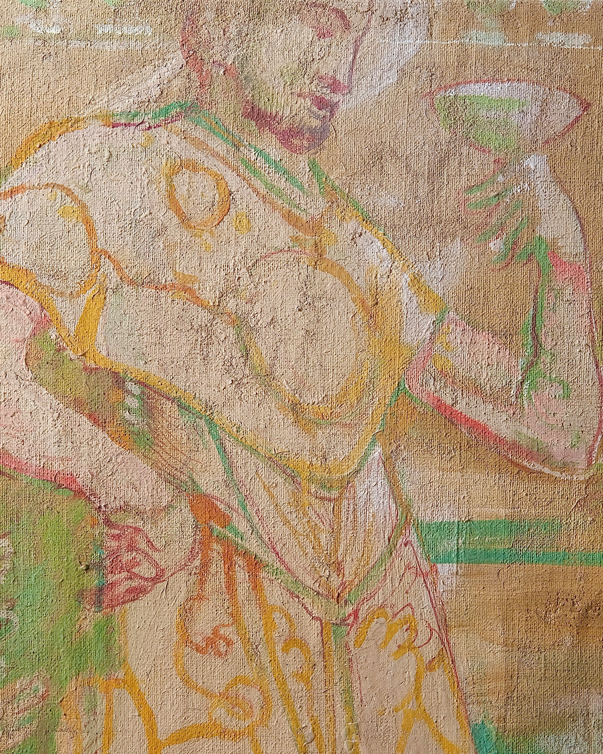 French Painted Hessian Mural Fragment with Figures Drinking Wine, 1970s