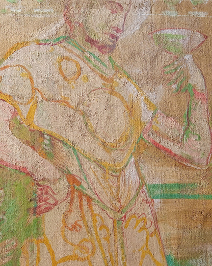 French Painted Hessian Mural Fragment with Figures Drinking Wine, 1970s