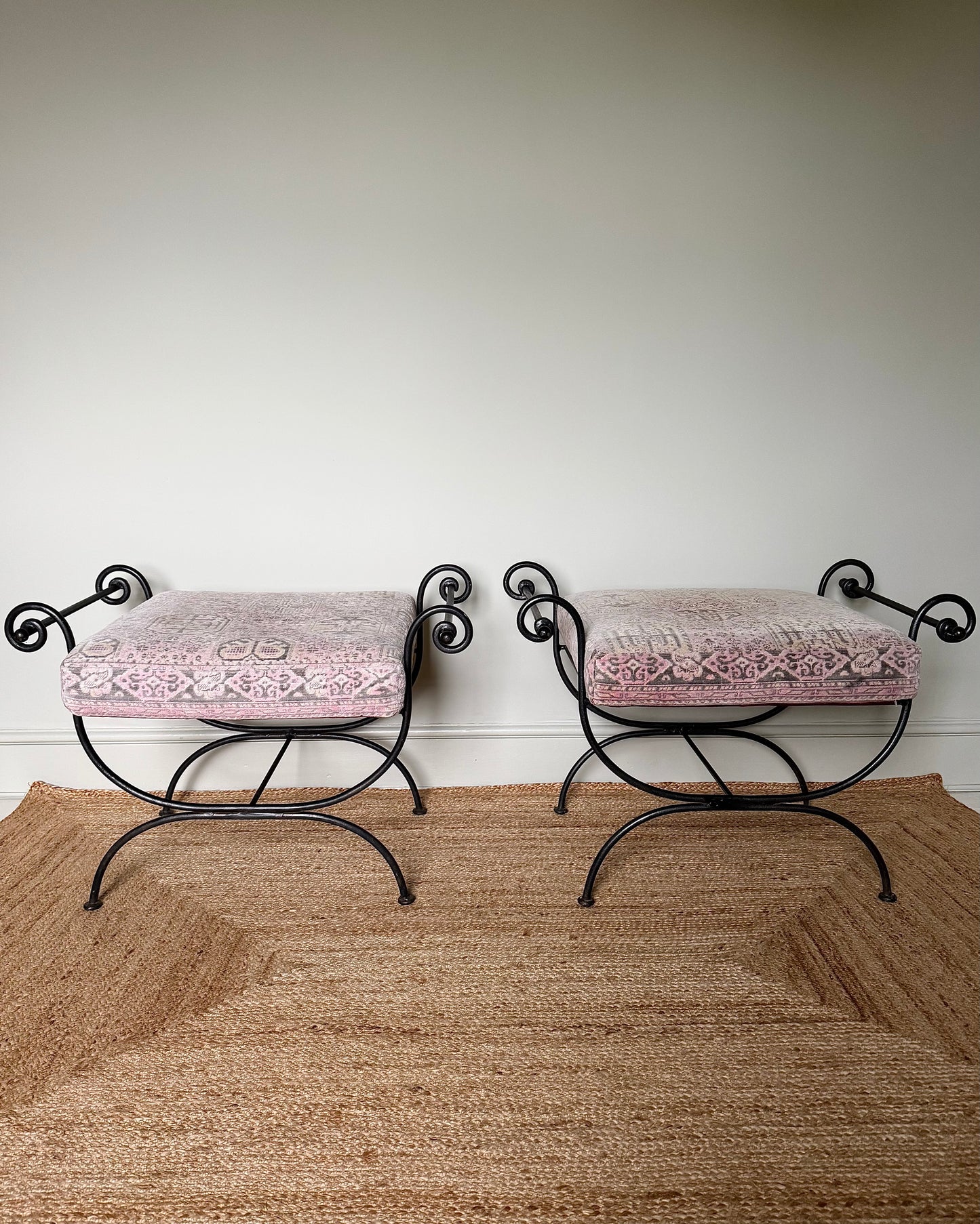 Pair of Wrought Iron Curule Stools with Scrolled Arms
