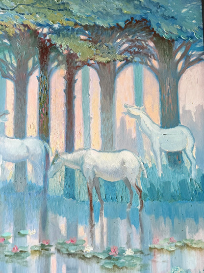 White Horses by a Lily Pad Lake Framed Oil on Board, Signed James Kessel 1974