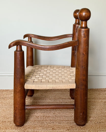 French Low Oak & Rope Armchair, in the style of Charles Dudouyt