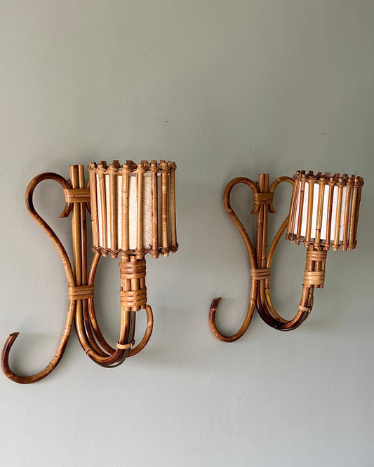 Pair of Rattan & Bamboo Wall Sconces, Attributed to Louis Sognot