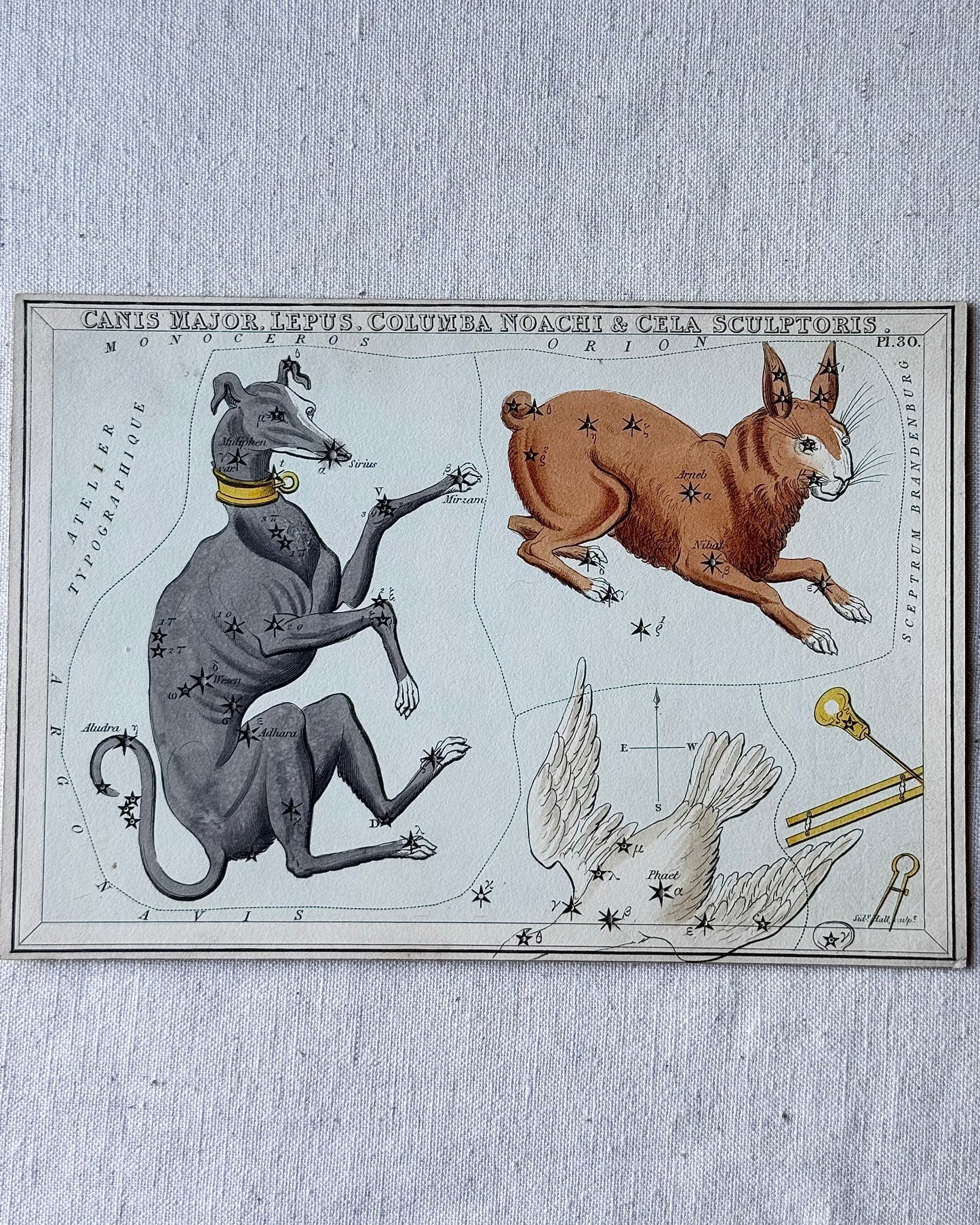 Antique Hand-Painted Constellation Print ‘Urania’s Mirror’ by Sidney Hall c. 1825