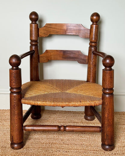 Pair of Charles Dudouyt Oak and Rush Armchairs, 1940s