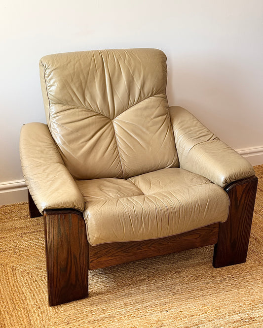 Pair of German Leather Armchairs with Dark Wood Slab Frame