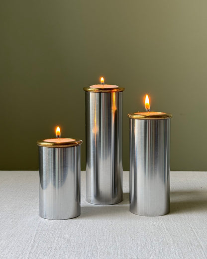 Trio of Brushed Steel and Brass Tealight Holders, in the Manner of Staffan Englesson