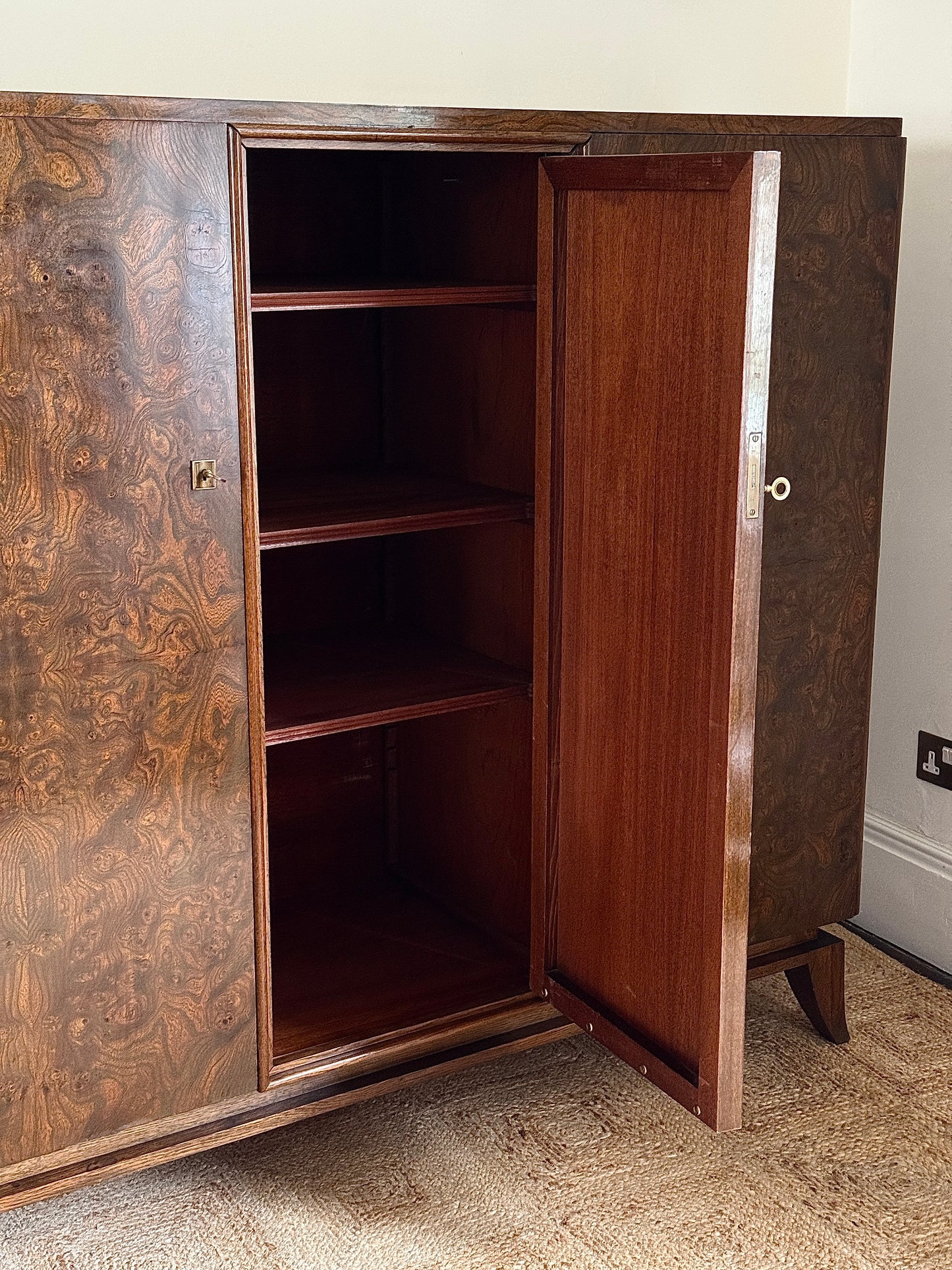Large French Art Deco Walnut Burr Cabinet, c.1930s