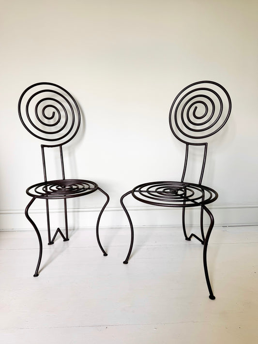 Pair of French Atelier Wrought Iron Spiral Chairs, Signed JTS