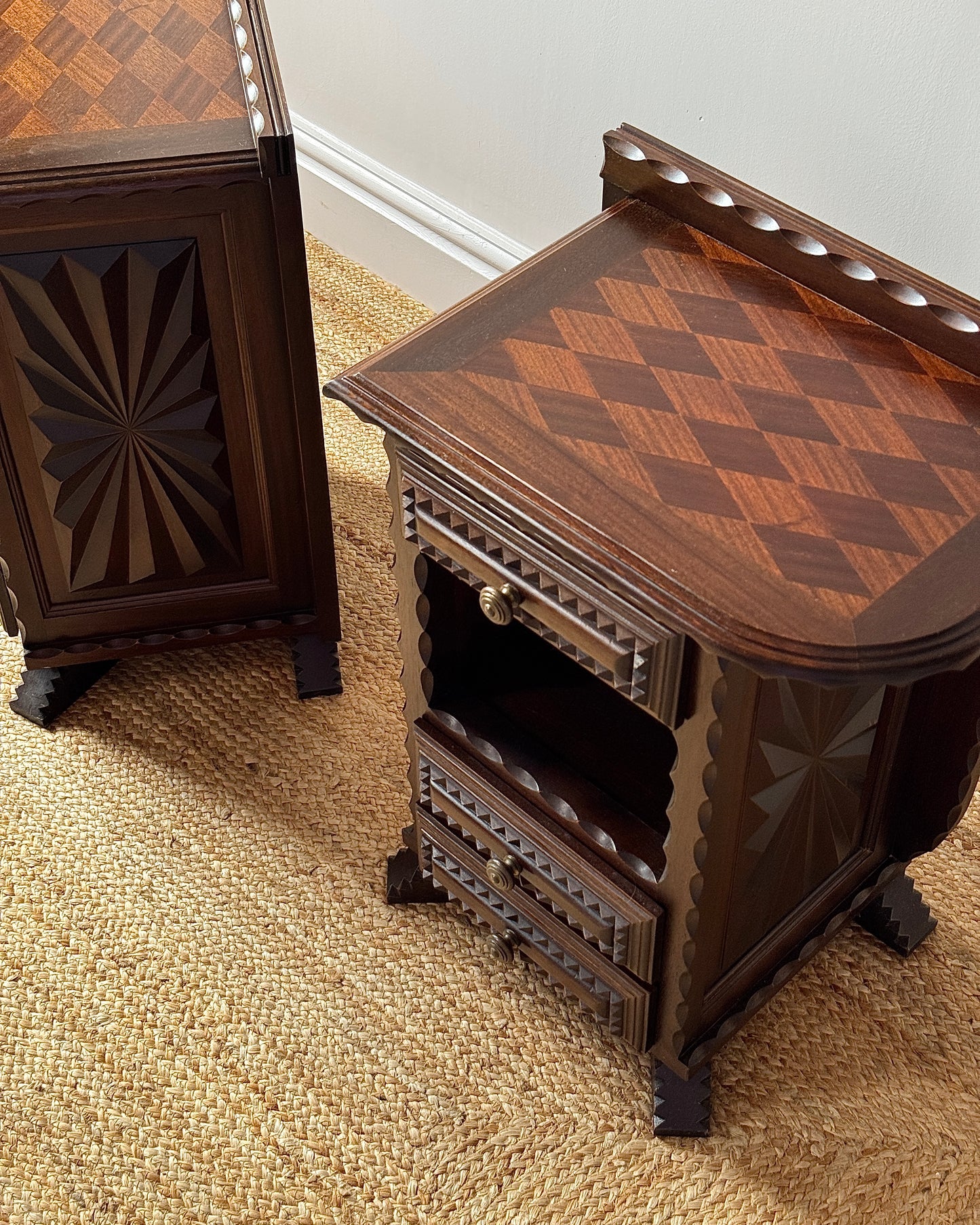 Pair of Folk Carved Oak Bedside Tables, French c.1940